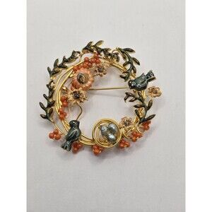 Flowers Birds and Berries Wreath Brooch Pin